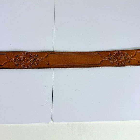 Old Navy Leather Belt Size S Floral Brass Buckle Cognac Brown Embossed VTG Y2K main image 5